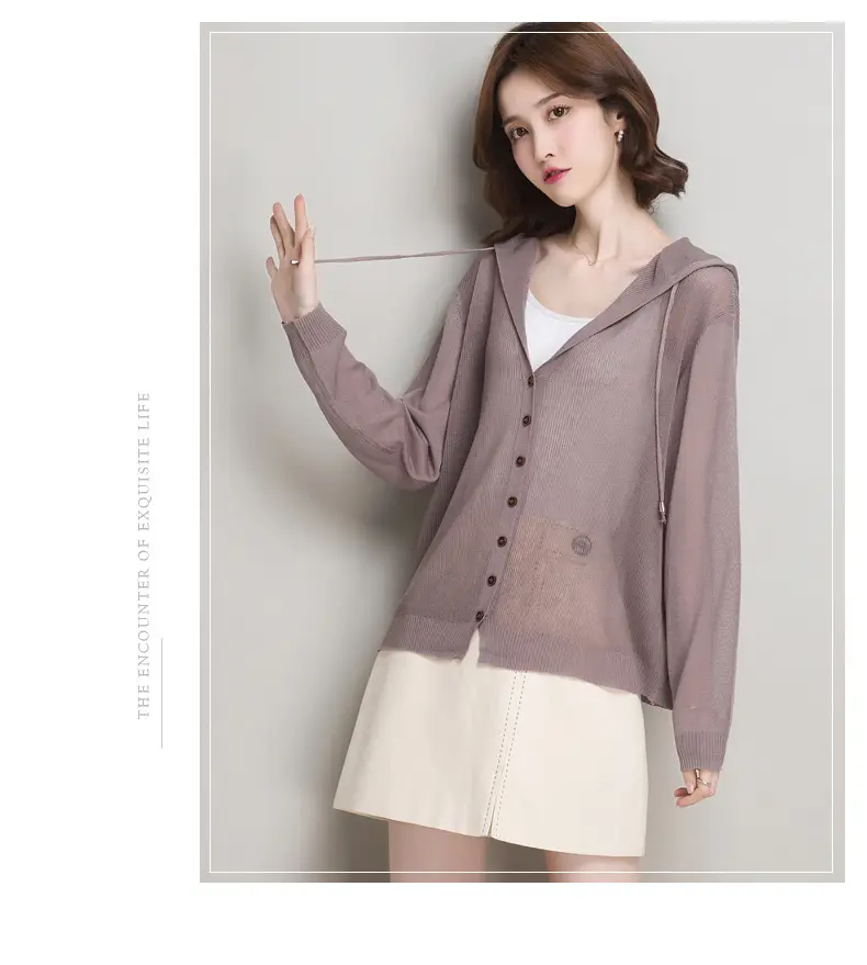 Women Ice Silk Knit Hooded Cardigan Light Blue 2025 — feature 15