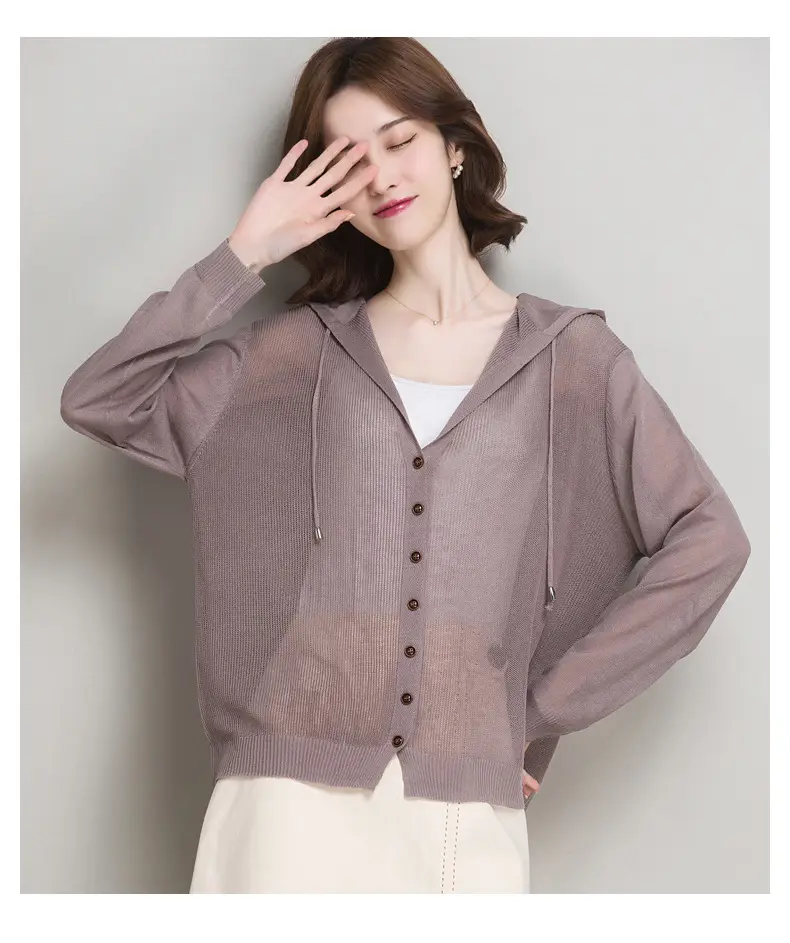 Women Ice Silk Knit Hooded Cardigan Light Blue 2025 — feature 17