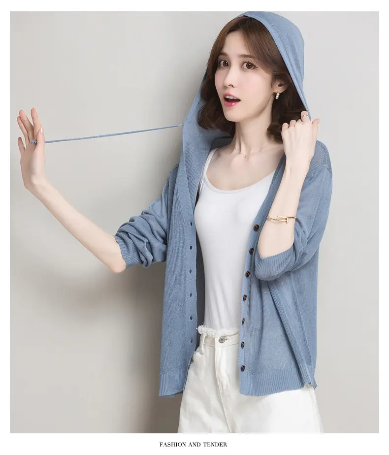 Women Ice Silk Knit Hooded Cardigan Light Blue 2025 — feature 18