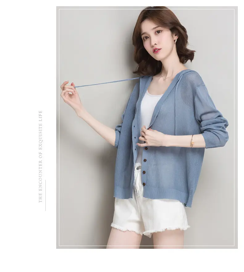 Women Ice Silk Knit Hooded Cardigan Light Blue 2025 — feature 19