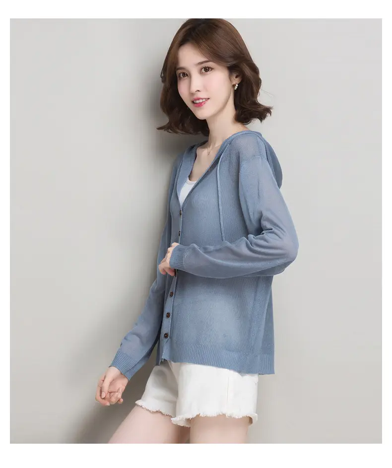 Women Ice Silk Knit Hooded Cardigan Light Blue 2025 — feature 21