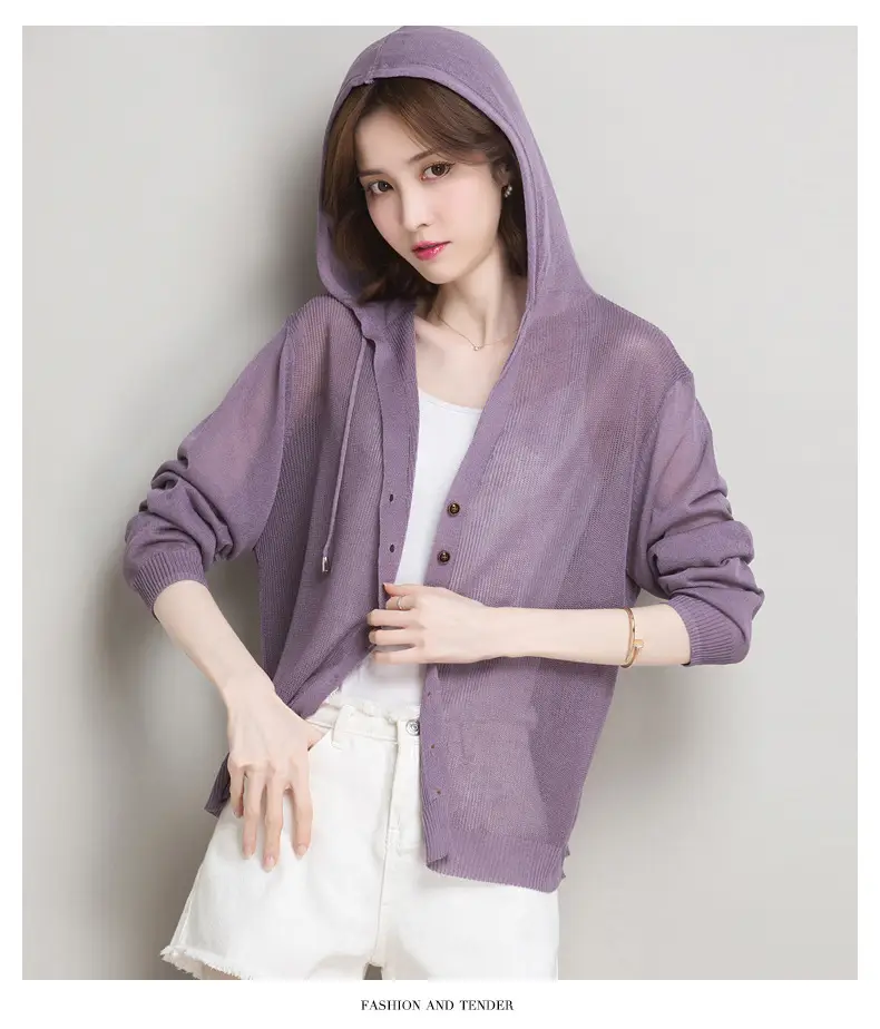 Women Ice Silk Knit Hooded Cardigan Light Blue 2025 — feature 22