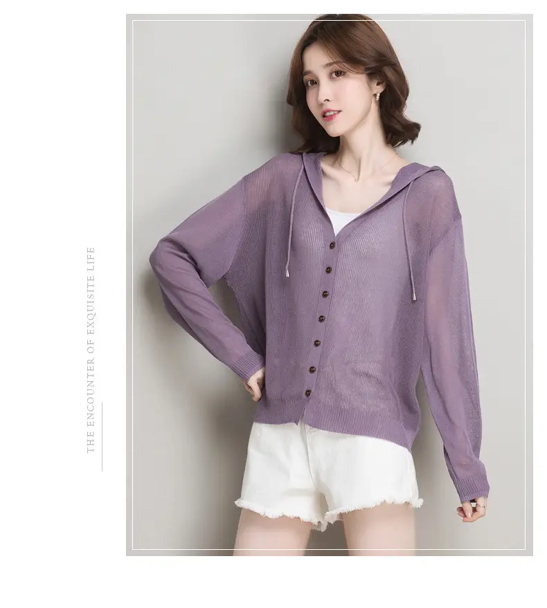 Women Ice Silk Knit Hooded Cardigan Light Blue 2025 — feature 23