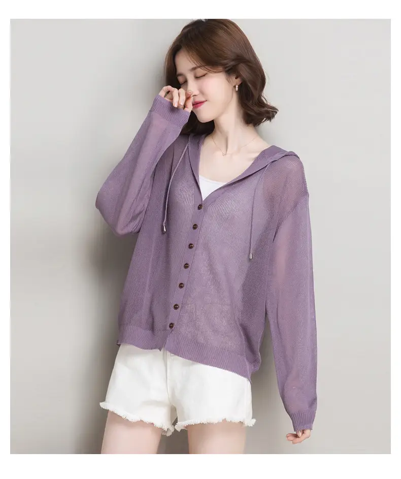 Women Ice Silk Knit Hooded Cardigan Light Blue 2025 — feature 25