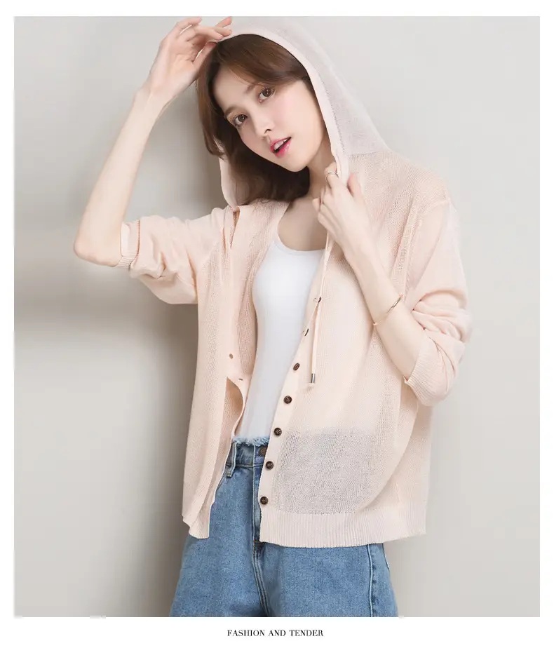 Women Ice Silk Knit Hooded Cardigan Light Blue 2025 — feature 31