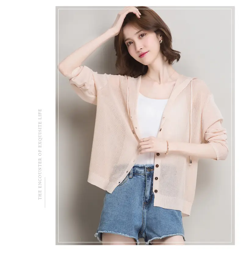 Women Ice Silk Knit Hooded Cardigan Light Blue 2025 — feature 32
