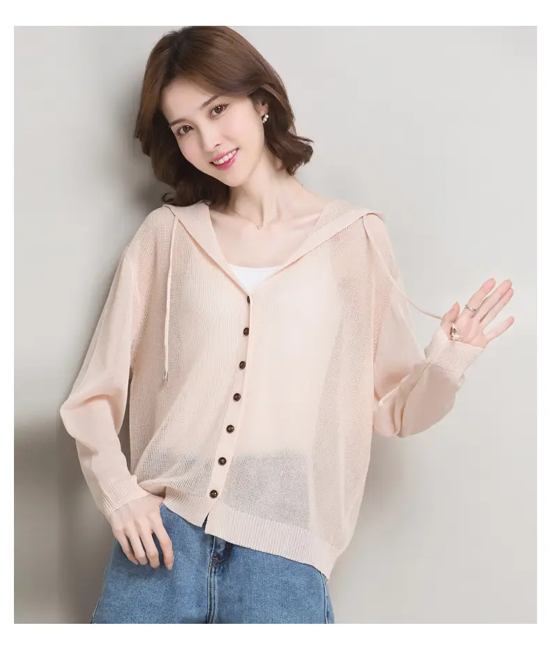 Women Ice Silk Knit Hooded Cardigan Light Blue 2025 — feature 34