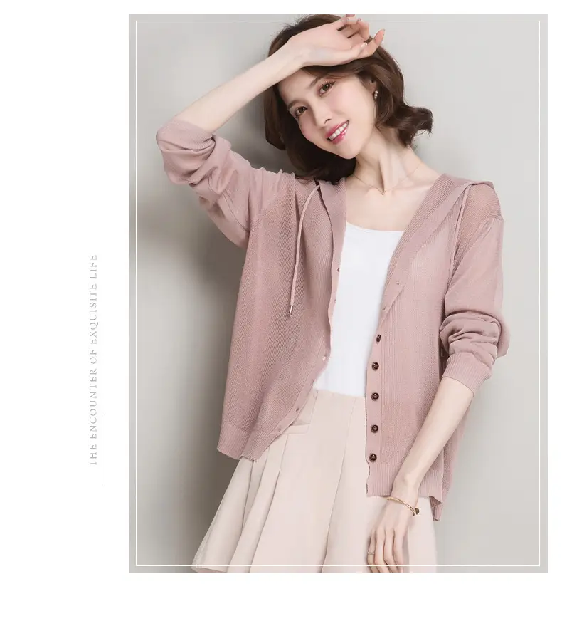 Women Ice Silk Knit Hooded Cardigan Light Blue 2025 — feature 6
