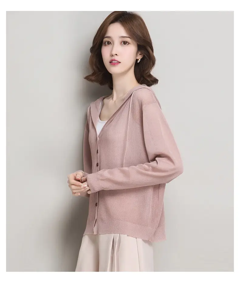 Women Ice Silk Knit Hooded Cardigan Light Blue 2025 — feature 8