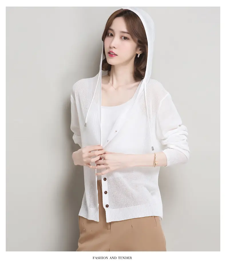 Women Ice Silk Knit Hooded Cardigan Light Blue 2025 — feature 9
