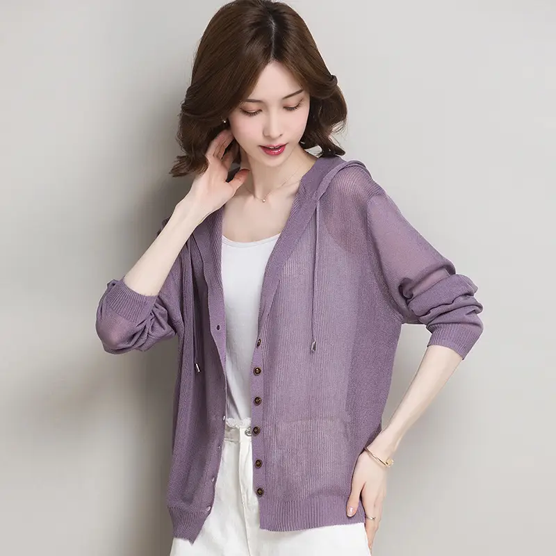 Women Ice Silk Knit Hooded Cardigan Light Blue 2025 - Image 2