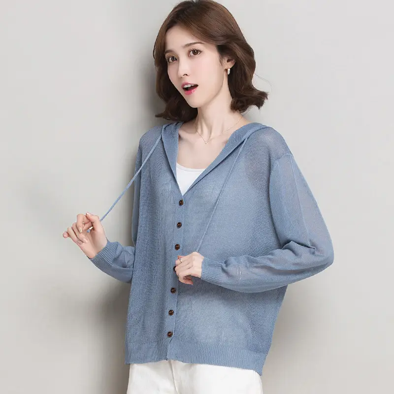 Women Ice Silk Knit Hooded Cardigan Light Blue 2025 - Image 4