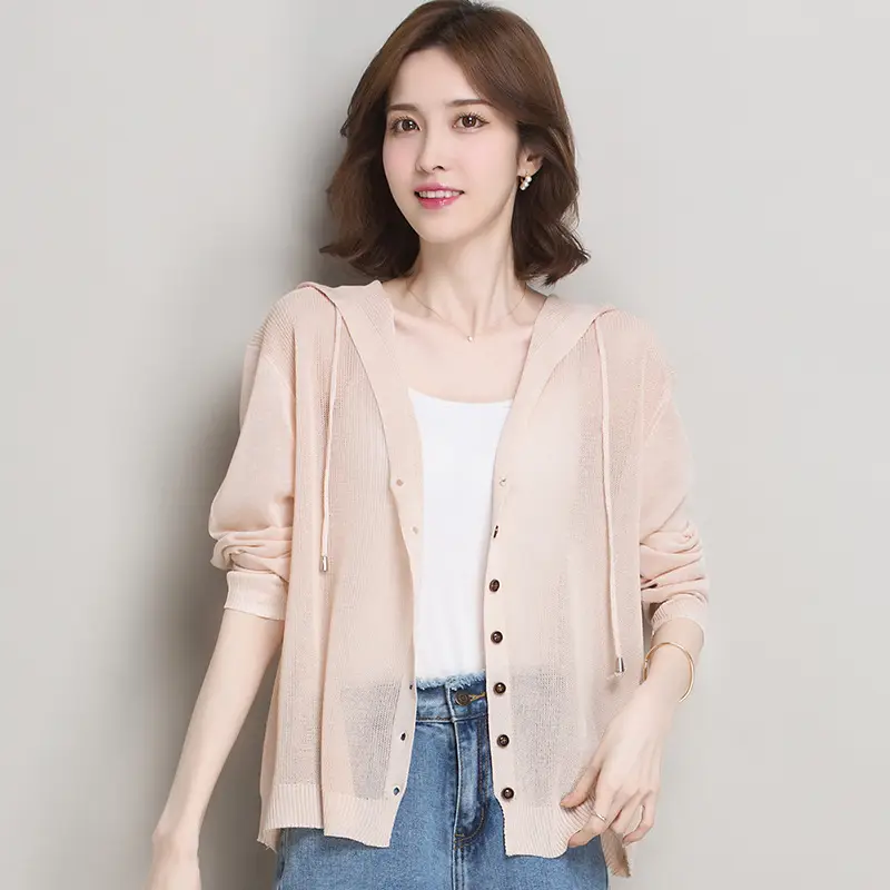 Women Ice Silk Knit Hooded Cardigan Light Blue 2025 - Image 5