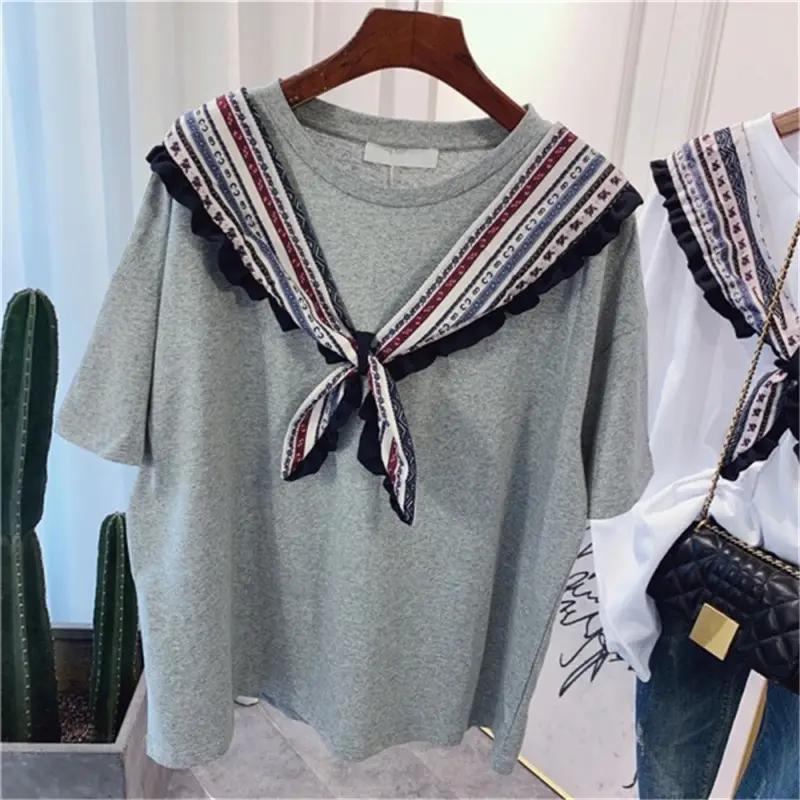 Women Grey T-shirt with Striped Shawl Set