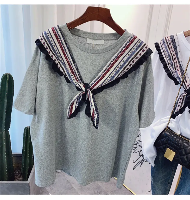 Women Grey T-shirt with Striped Shawl Set — feature 10