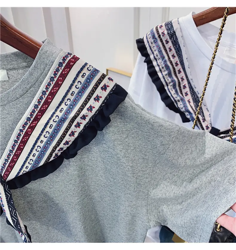 Women Grey T-shirt with Striped Shawl Set — feature 11