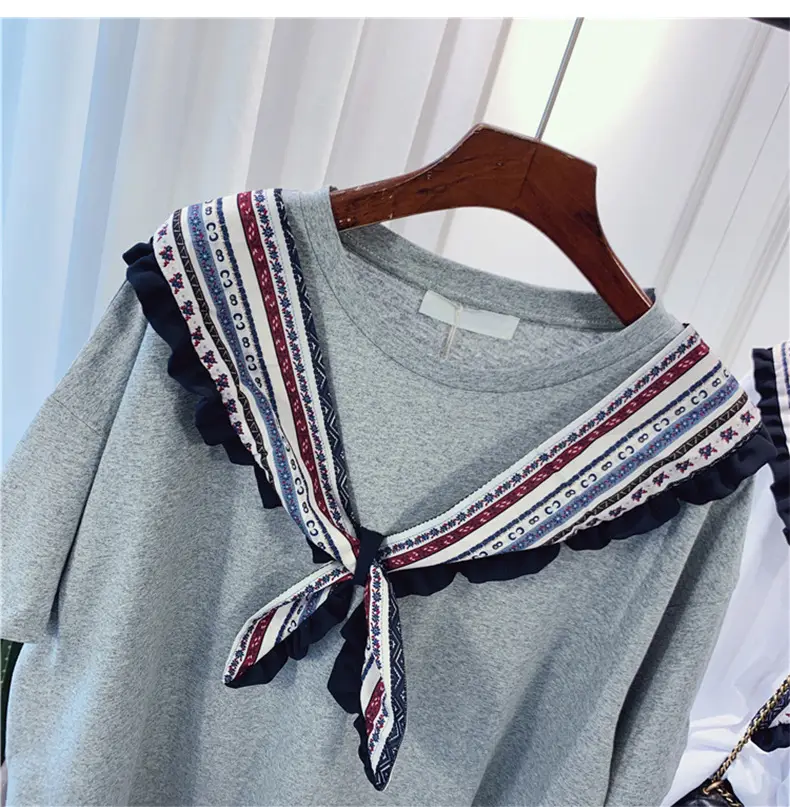 Women Grey T-shirt with Striped Shawl Set — feature 12