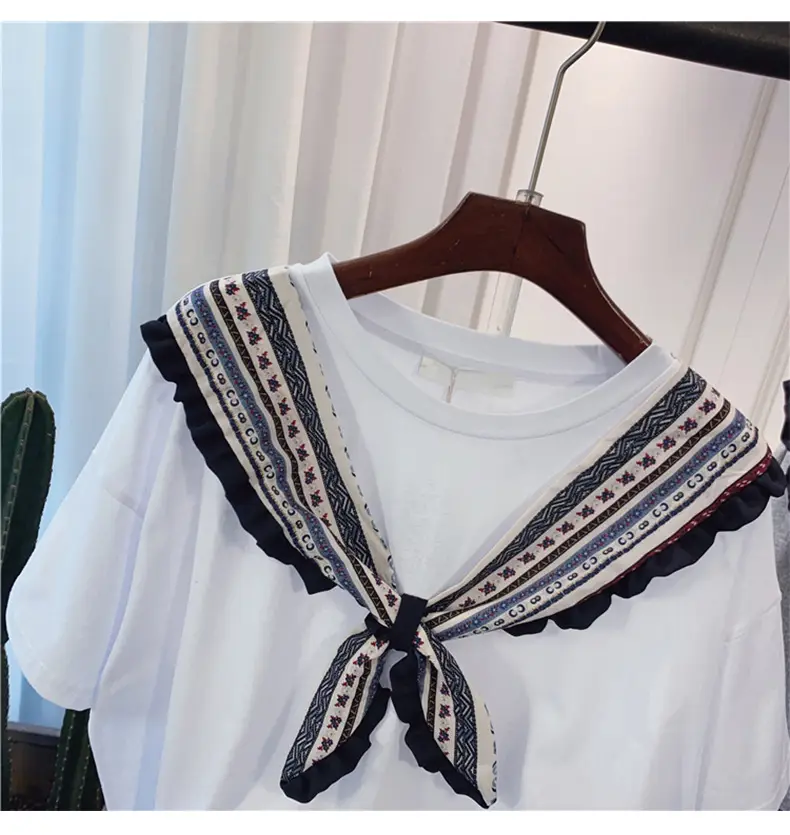 Women Grey T-shirt with Striped Shawl Set — feature 6