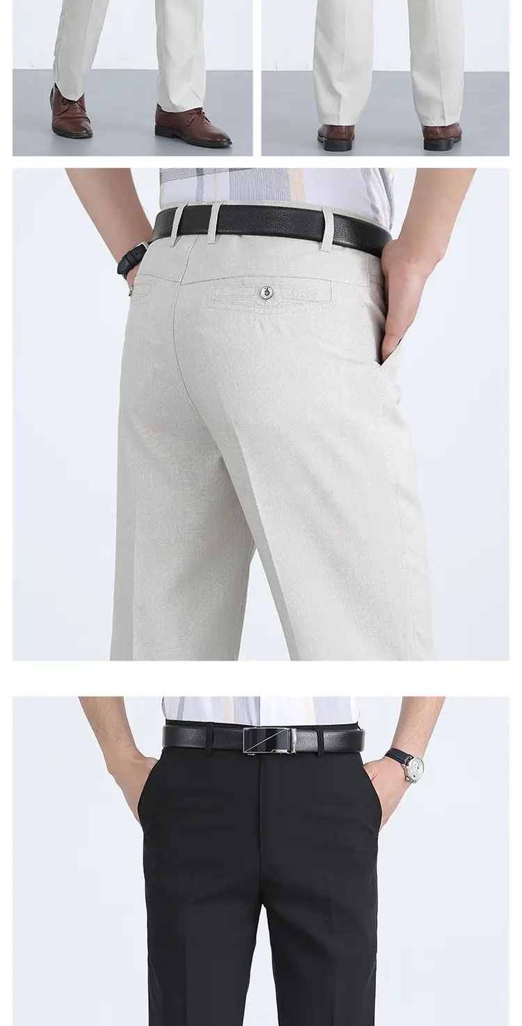 Men Ice Silk Linen Grey High Waist Pants — feature 17