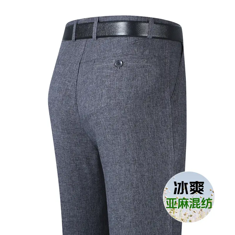 Men Ice Silk Linen Grey High Waist Pants