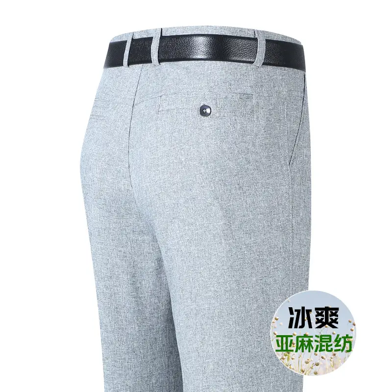 Men Ice Silk Linen Grey High Waist Pants