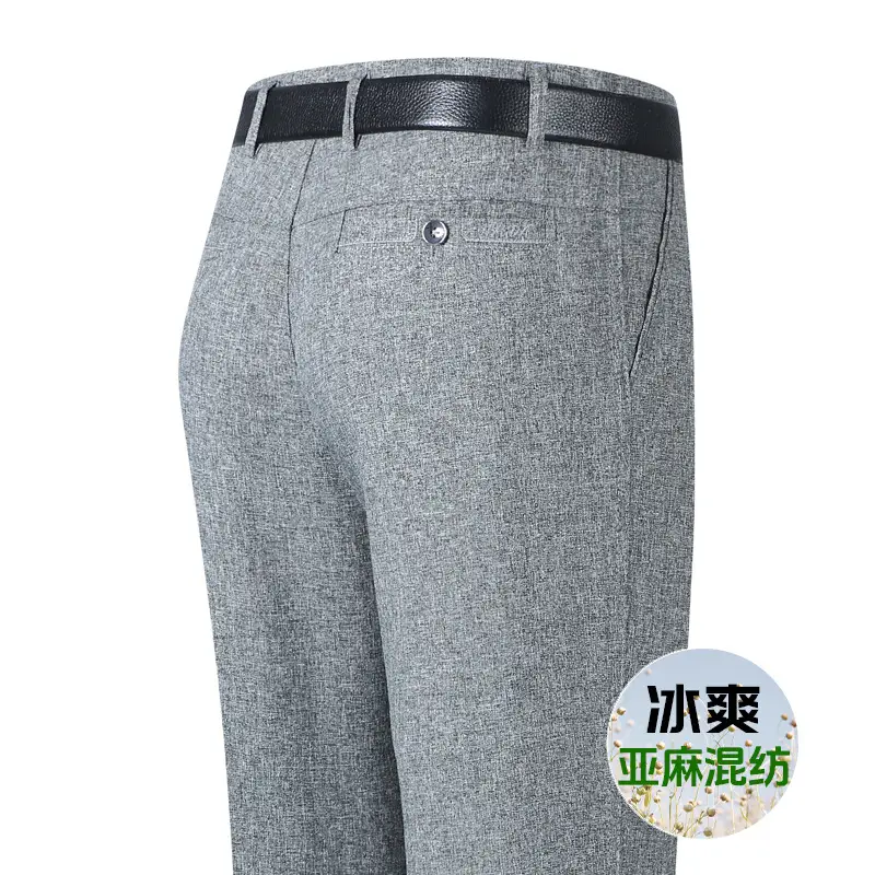 Men Ice Silk Linen Grey High Waist Pants
