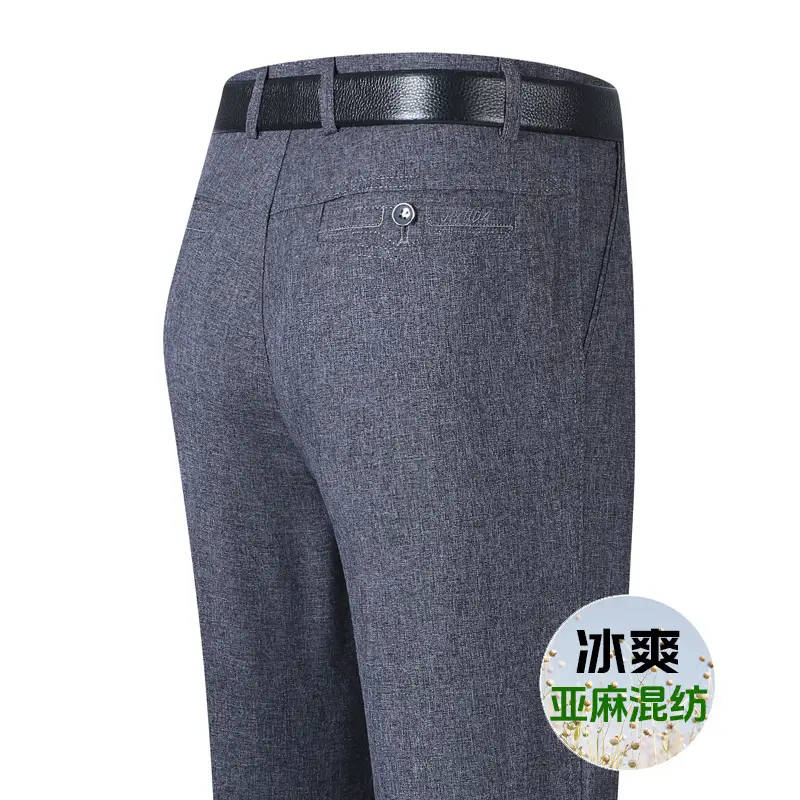 Men Ice Silk Linen Grey High Waist Pants