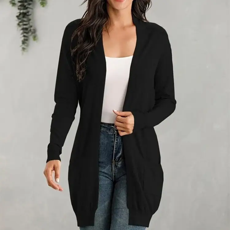 Women's Black Long Sleeve Knitted Cardigan Sweater - Image 7