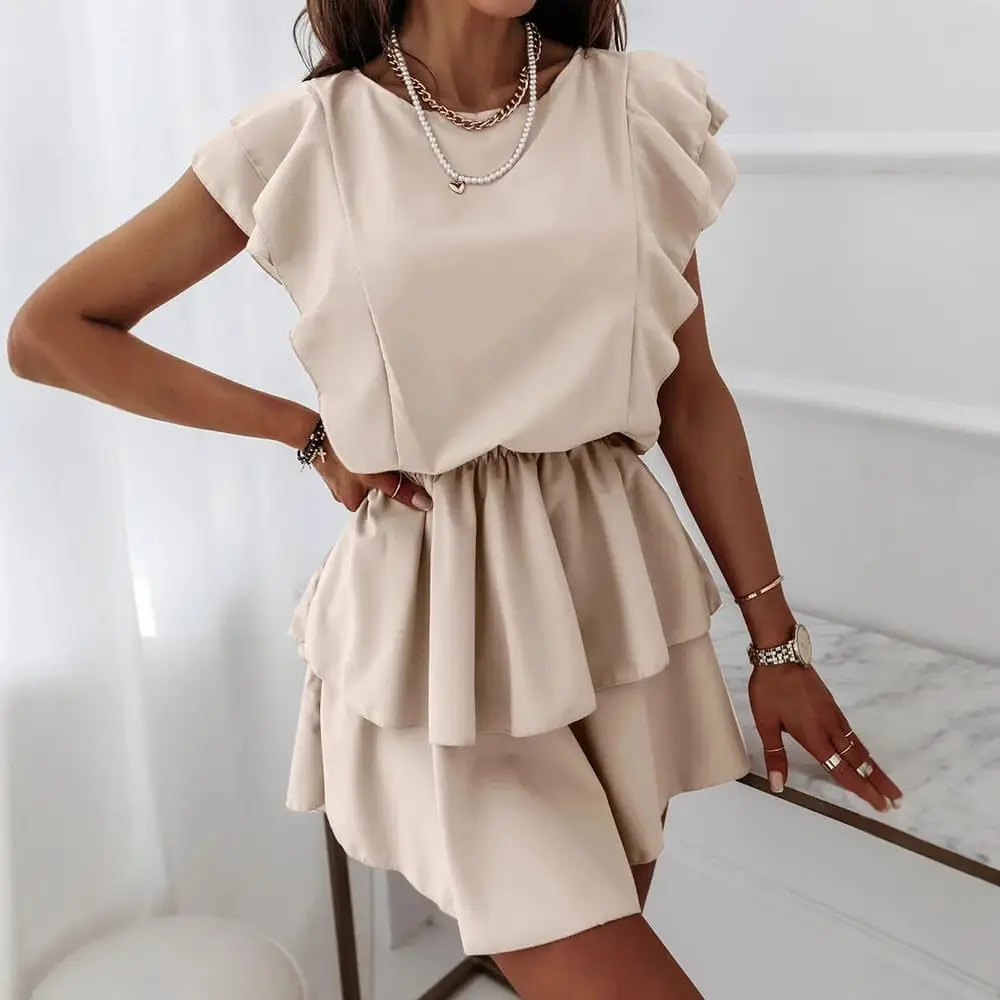 2023 Summer Beige Ruffled Shorts Top Set - Image 5