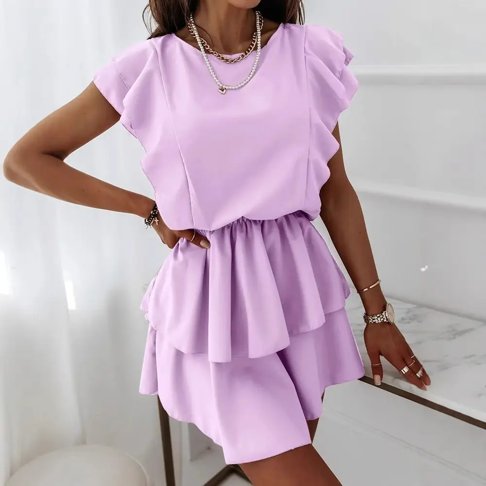 2023 Summer Beige Ruffled Shorts Top Set - Image 6