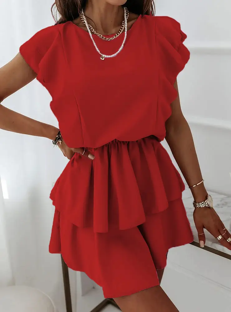 2023 Summer Beige Ruffled Shorts Top Set - Image 2
