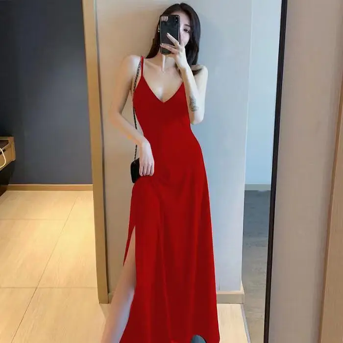 Red V-Neck Long Backless Dress for Women — feature 3