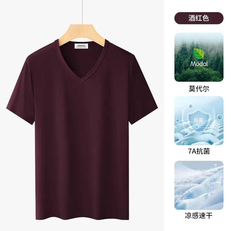 Men V-neck Black Modal T-Shirt Summer Cool - Image 6