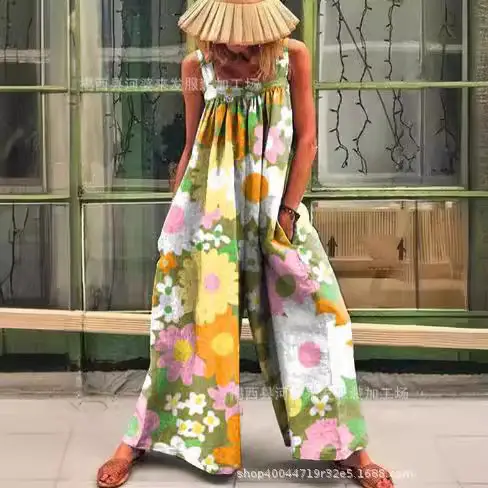 2025 Cross-Border Women's Blue Daisy Wide Leg Jumpsuit - Image 3