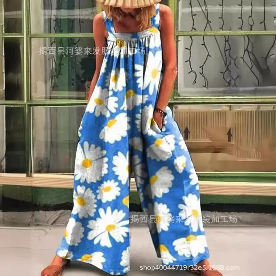 2025 Cross-Border Women's Blue Daisy Wide Leg Jumpsuit - Image 4