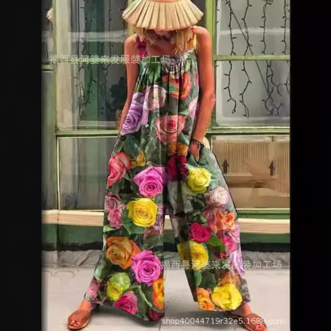 2025 Cross-Border Women's Blue Daisy Wide Leg Jumpsuit - Image 5