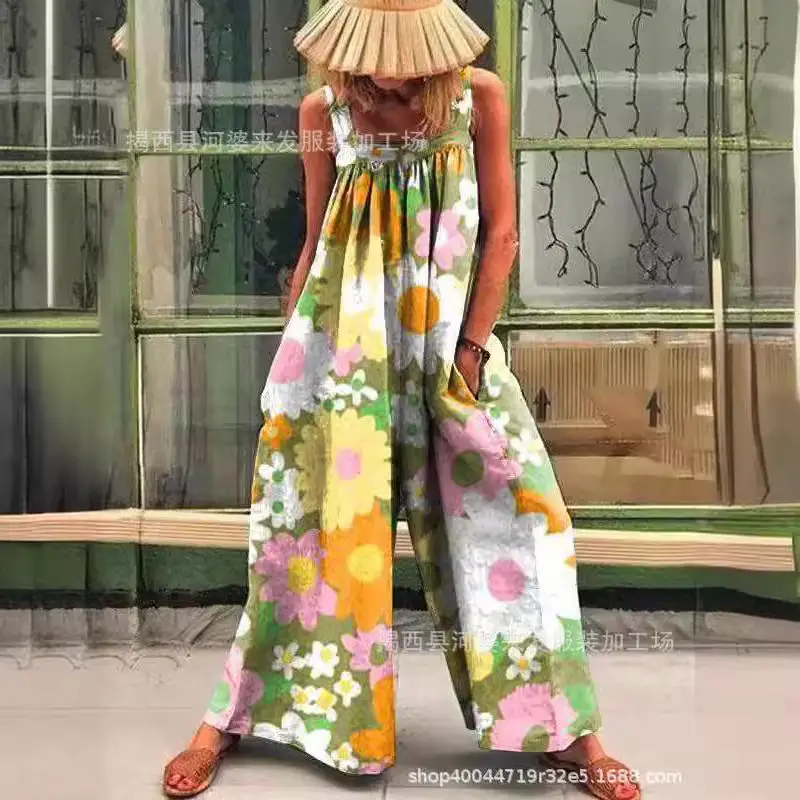 2025 Cross-Border Women's Blue Daisy Wide Leg Jumpsuit - Image 6