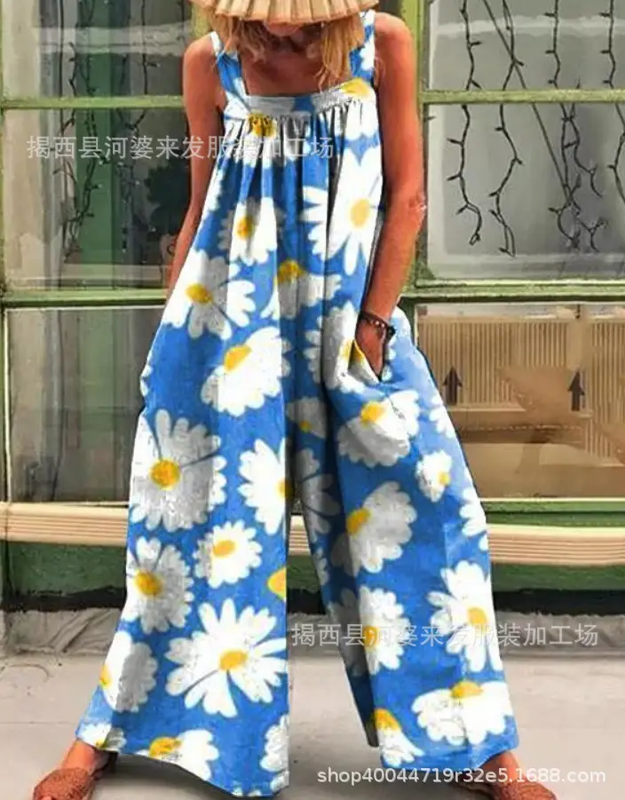 2025 Cross-Border Women's Blue Daisy Wide Leg Jumpsuit - Image 2