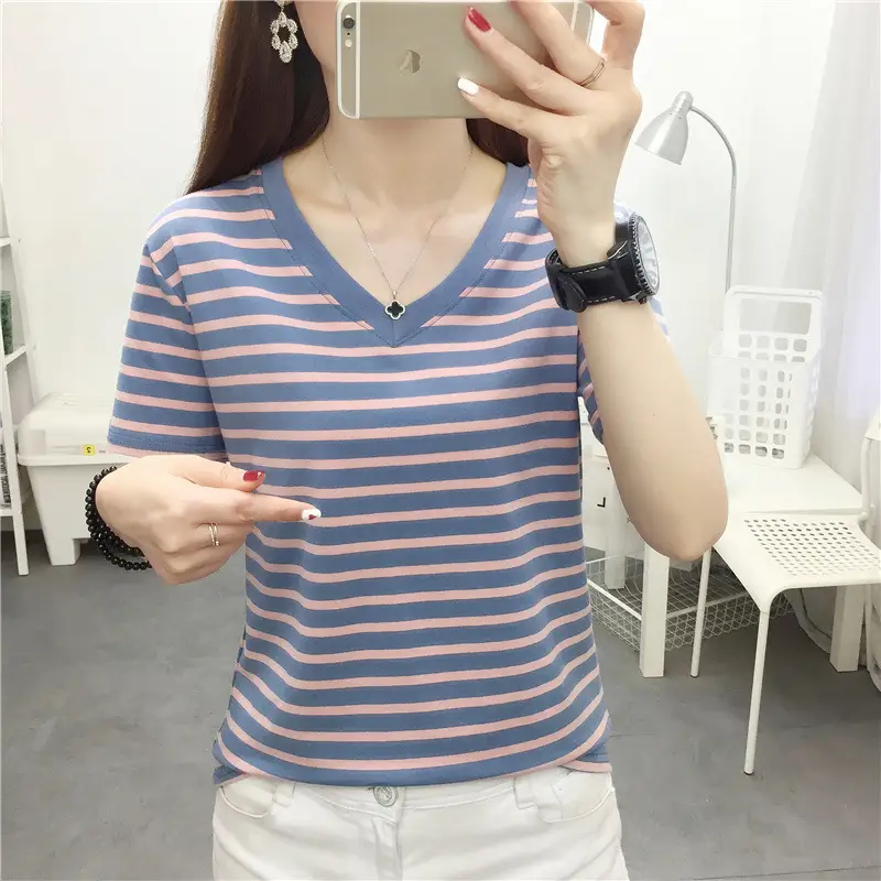 Plus Size Striped Cotton V-Neck T-Shirt Blue - Image 3