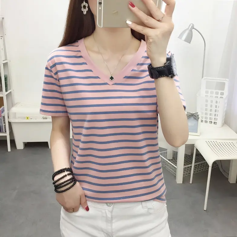 Plus Size Striped Cotton V-Neck T-Shirt Blue - Image 4