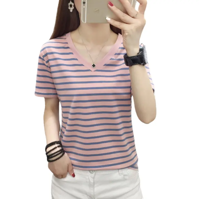 Plus Size Striped Cotton V-Neck T-Shirt Blue - Image 5
