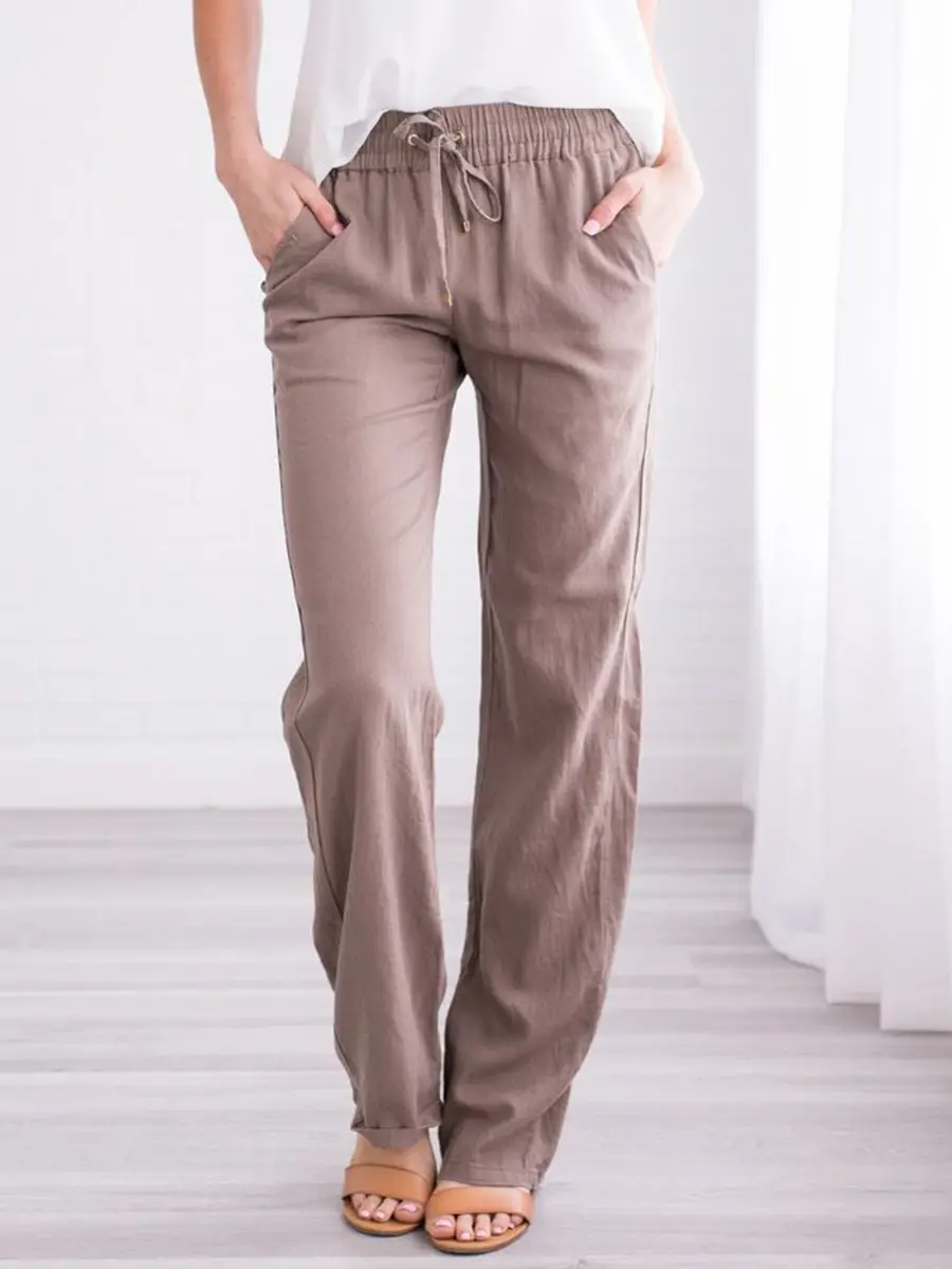 Women Drawstring Loose Casual Trousers Blue Cotton