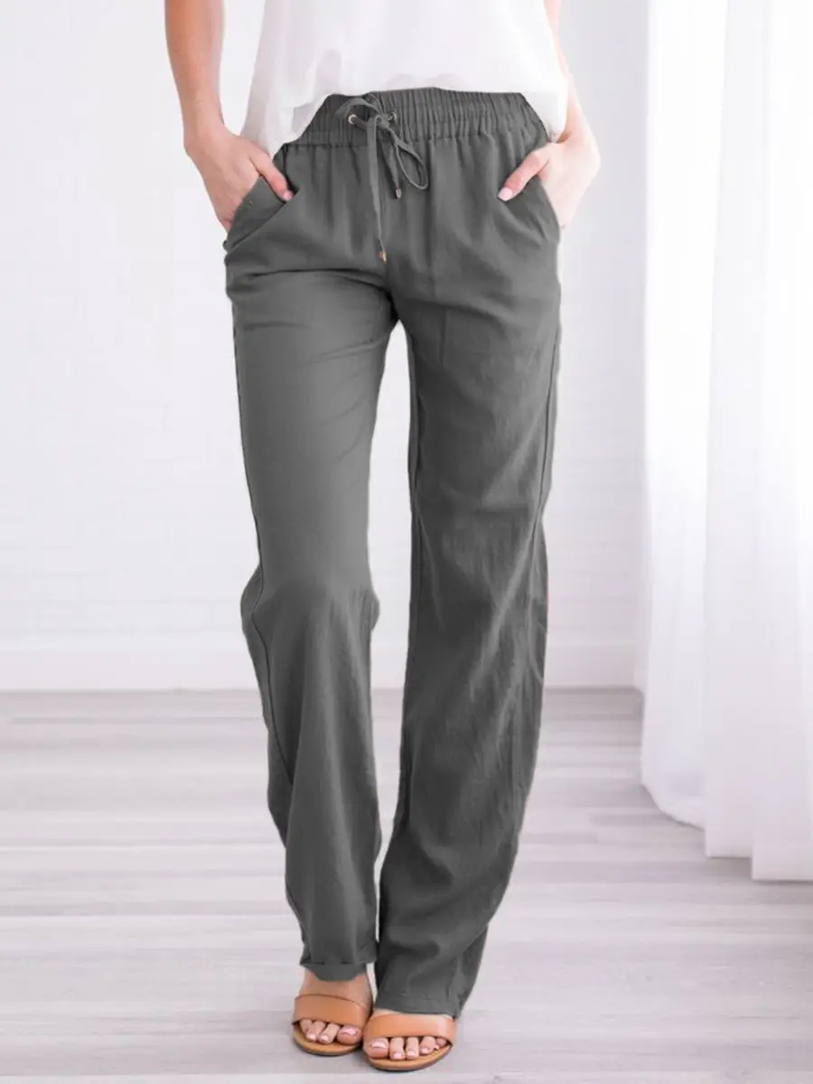 Women Drawstring Loose Casual Trousers Blue Cotton