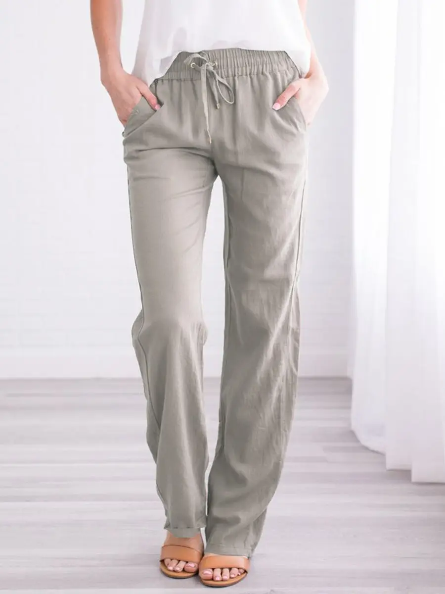 Women Drawstring Loose Casual Trousers Blue Cotton