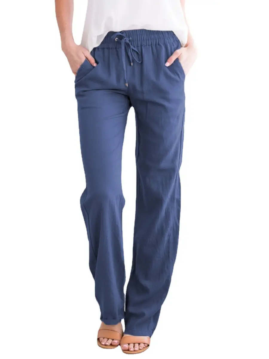 Women Drawstring Loose Casual Trousers Blue Cotton
