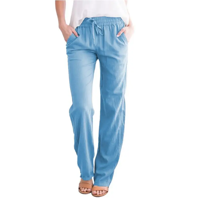 Women Drawstring Loose Casual Trousers Blue Cotton