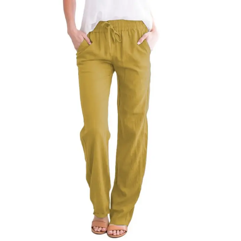 Women Drawstring Loose Casual Trousers Blue Cotton
