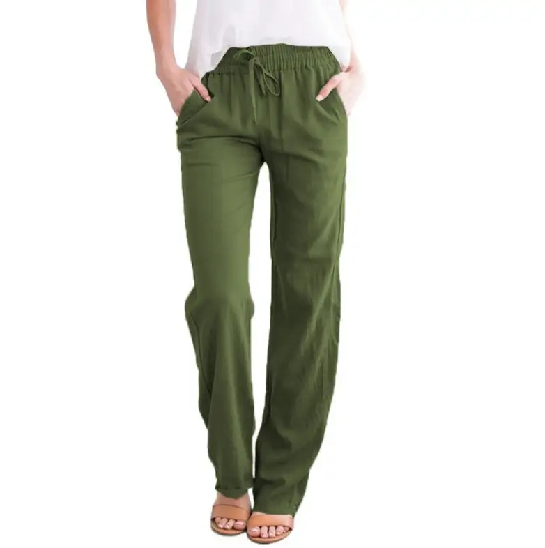 Women Drawstring Loose Casual Trousers Blue Cotton