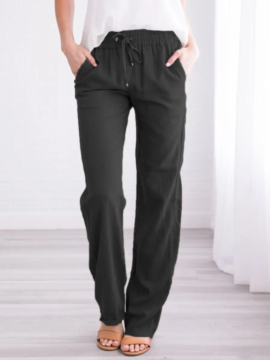 Women Drawstring Loose Casual Trousers Blue Cotton