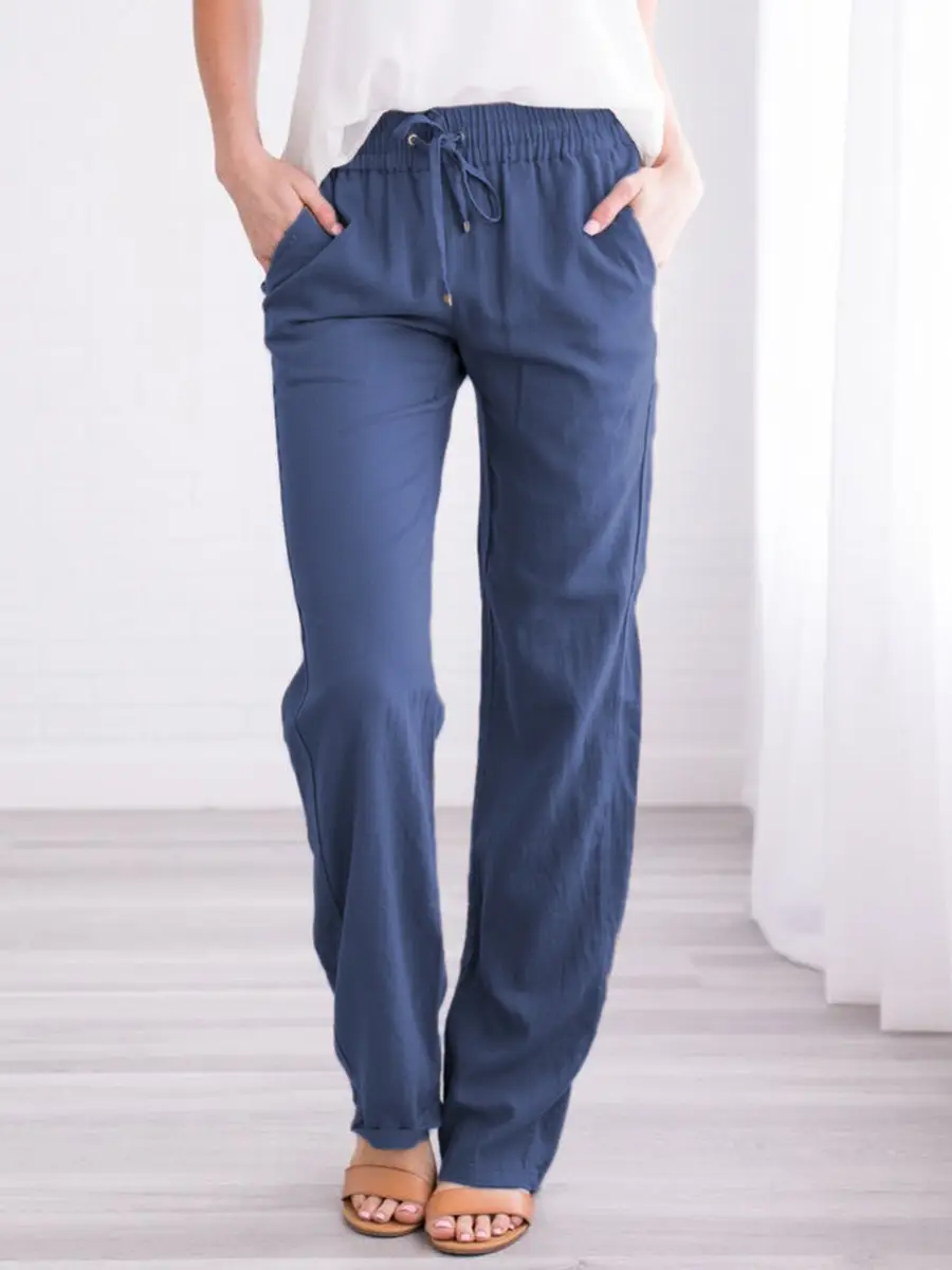 Women Drawstring Loose Casual Trousers Blue Cotton